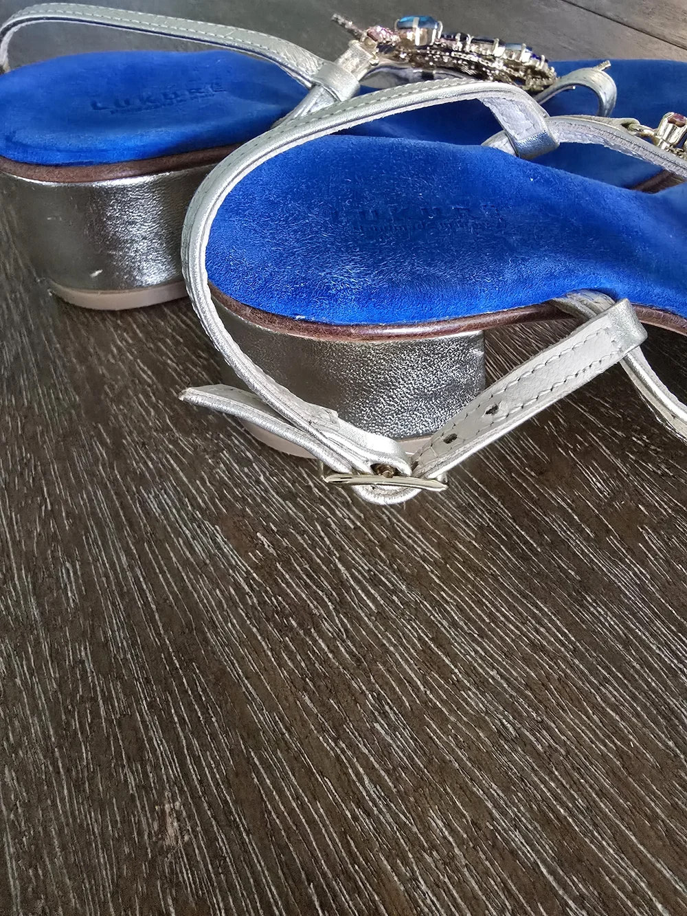Women’s Blue Jeweled T-Strap Sandals